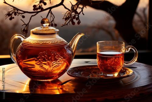 A teapot and cup filled with amber tea on a wooden surface, backlit by a warm sunset. Rooibos tea at African savannah