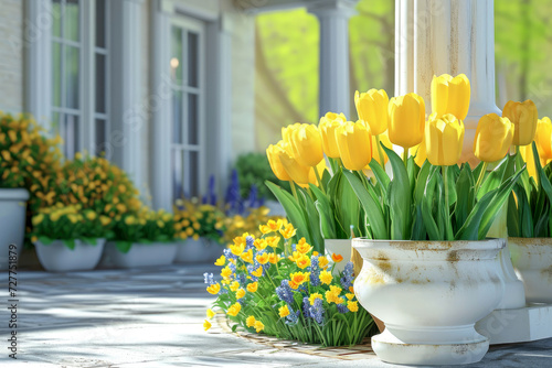 spring flowers yellow tulips in white pots stand on the porch of the house