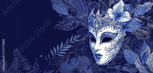 a blue and gold decorative carnival venice mask with a floral background, design template for advertisement, announcement, space for text, celebration, invitation, greeting card, cover, illustration