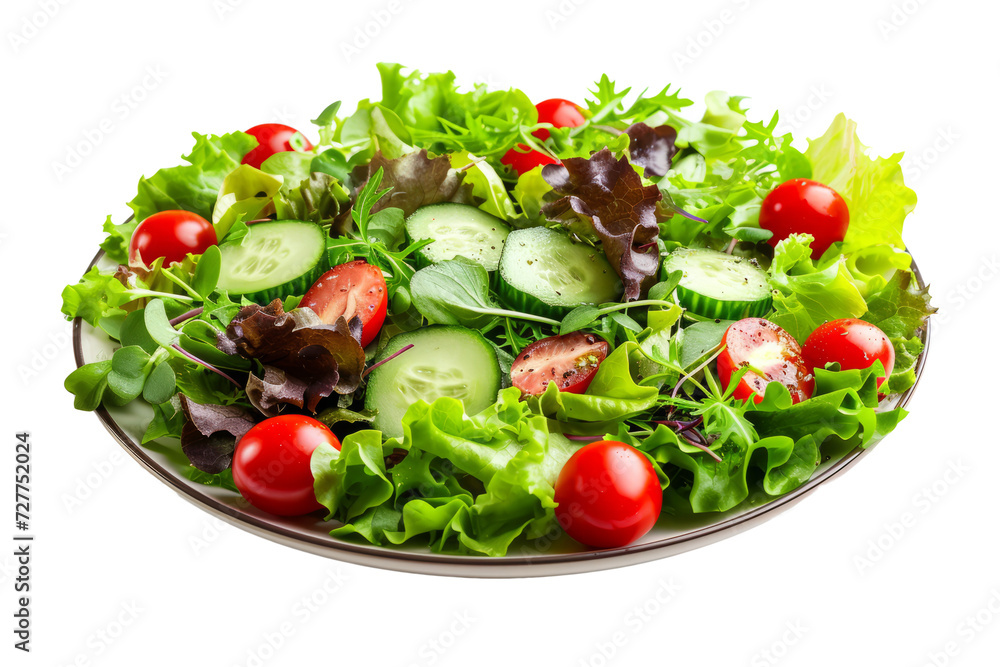 fresh and crisp summer salad including a mixture of leafy greens, cherry tomatoes, cucumbers and a light vinaigrette, healthy vegetarian food concept