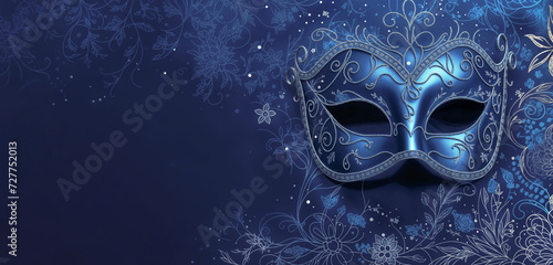 a blue and gold decorative carnival venice mask with a floral background, design template for advertisement, announcement, space for text, celebration, invitation, greeting card, cover, illustration