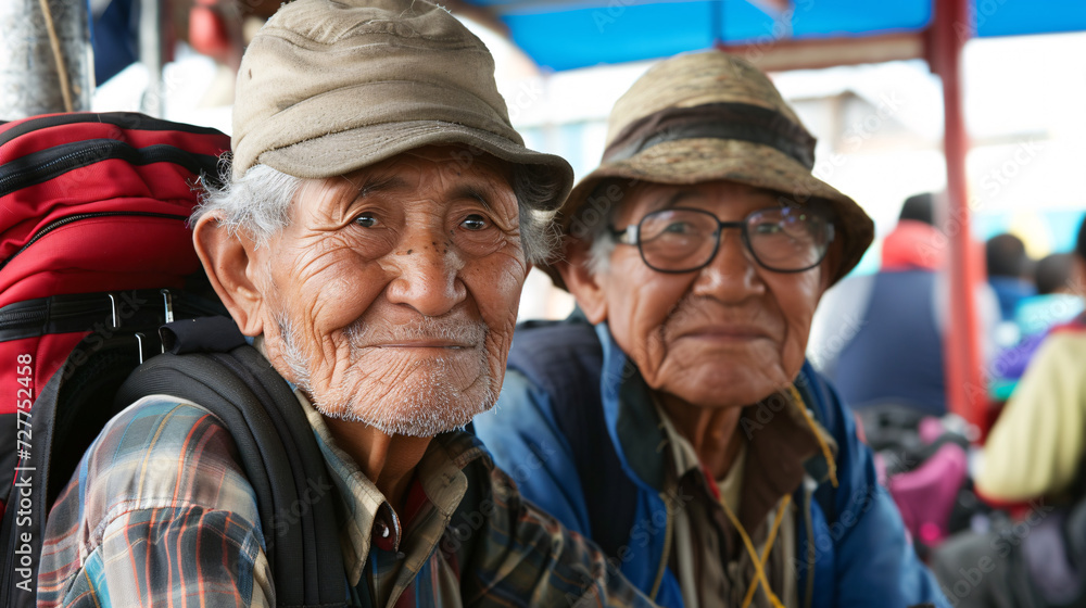 Old asian travelers on their way with hats and bags Old asian travelers on their way with hats and bags