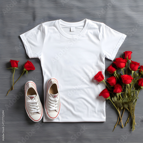 Valentine's day white t-shirt on grey fabric photo