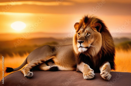 one strong beautiful lion lies on a stone in the desert in natural environment, beautiful savanna landscape, sunset light, close up, copy space, postcard