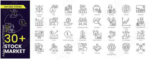 Stock market Stroke icon set. Containing stocks, stock exchange, financial goal, shares, investment, bull market, bear market and investment icons. Outline icon collection. Vector illustration.