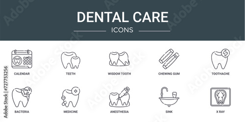 set of 10 outline web dental care icons such as calendar, teeth, wisdom tooth, chewing gum, toothache, bacteria, medicine vector icons for report, presentation, diagram, web design, mobile app