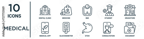 medical outline icon set such as thin line dental clinic, bmi, drugstore, glucosemeter, consultation, document, medical app icons for report, presentation, diagram, web design