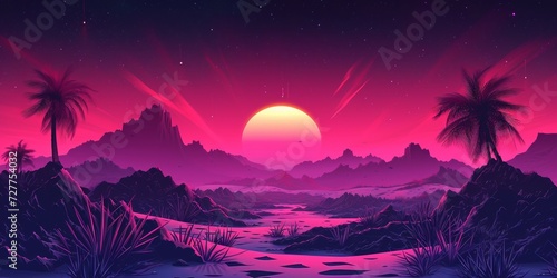 Retro wave and synthwave digital landscape, Vaporwave, synthwave retro style neon landscape background with palms, sunset