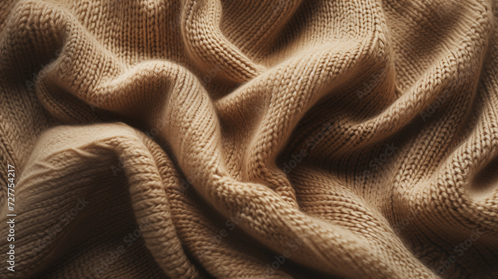 Close-up of a Vicuna Wool Textured, Camel-Colored Knitted Fabric, Showcasing Intricate Patterns with a Cozy, Tactile Quality. Close-up of a Vicuna Wool Textured, Camel-Colored Knitted Fabric, Showcasing Intricate Patterns with a Cozy, Tactile Quality.