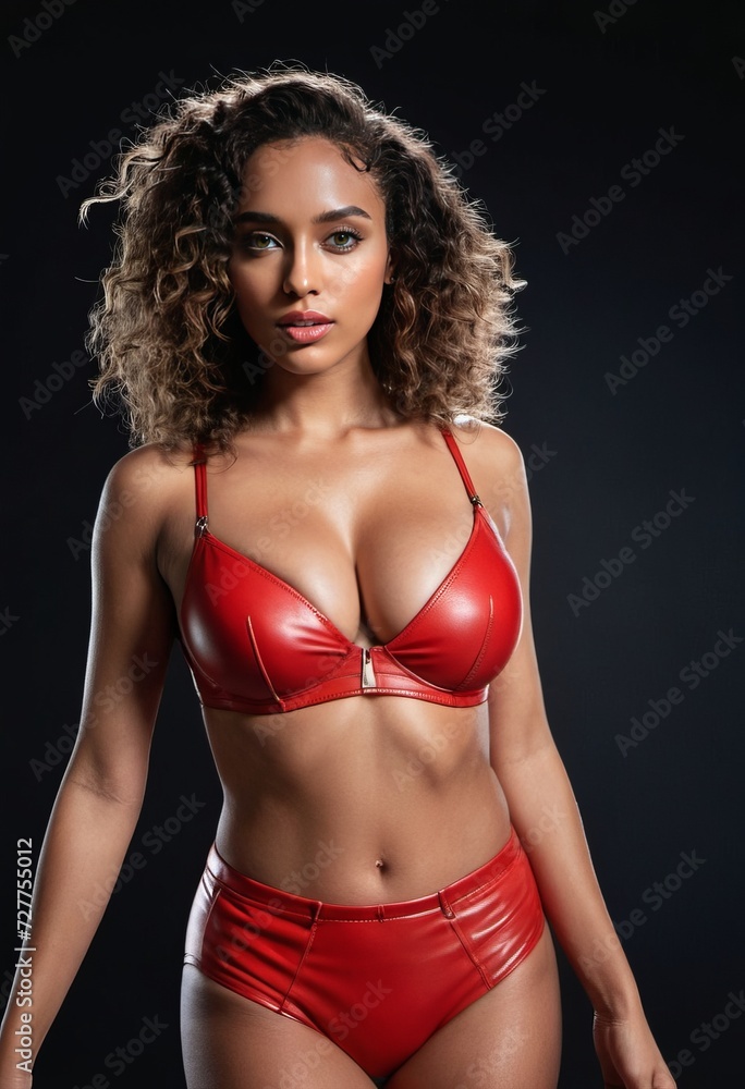 A woman in a bright red leather bikini stands confidently posing in a studio against a black background, attracting attention with her colourful look. A woman in a bright red leather bikini stands confidently posing in a studio against a black background, attracting attention with her colourful look.