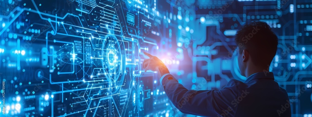 Naklejka premium Data science and big data technology. Scientist computing, analysing and visualizing complex data set on computer.