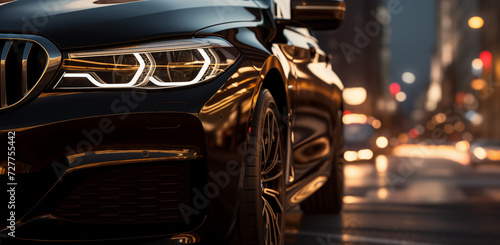 Close-up of the headlights of a modern luxury car in the city at night
