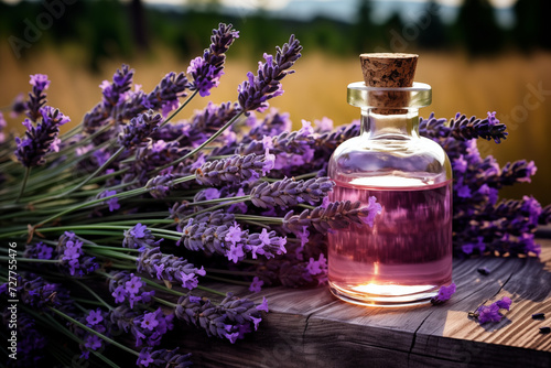 The lavender essential oil is in a beautiful glass bottle with a lavender bouquet on a wooden bench on a blurred background of a field. Selective focus.