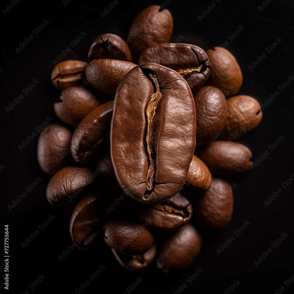 Fototapeta premium Roasted coffee beans scattered like dark, caffeinated jewels on a stark black canvas