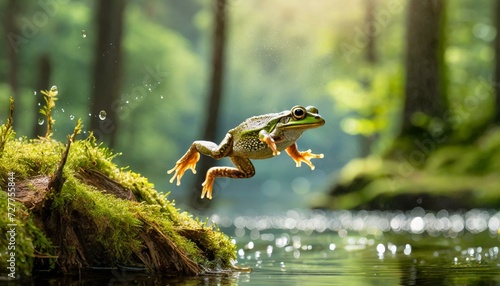 A frog jumping to the water in a forest, woods, cute animal