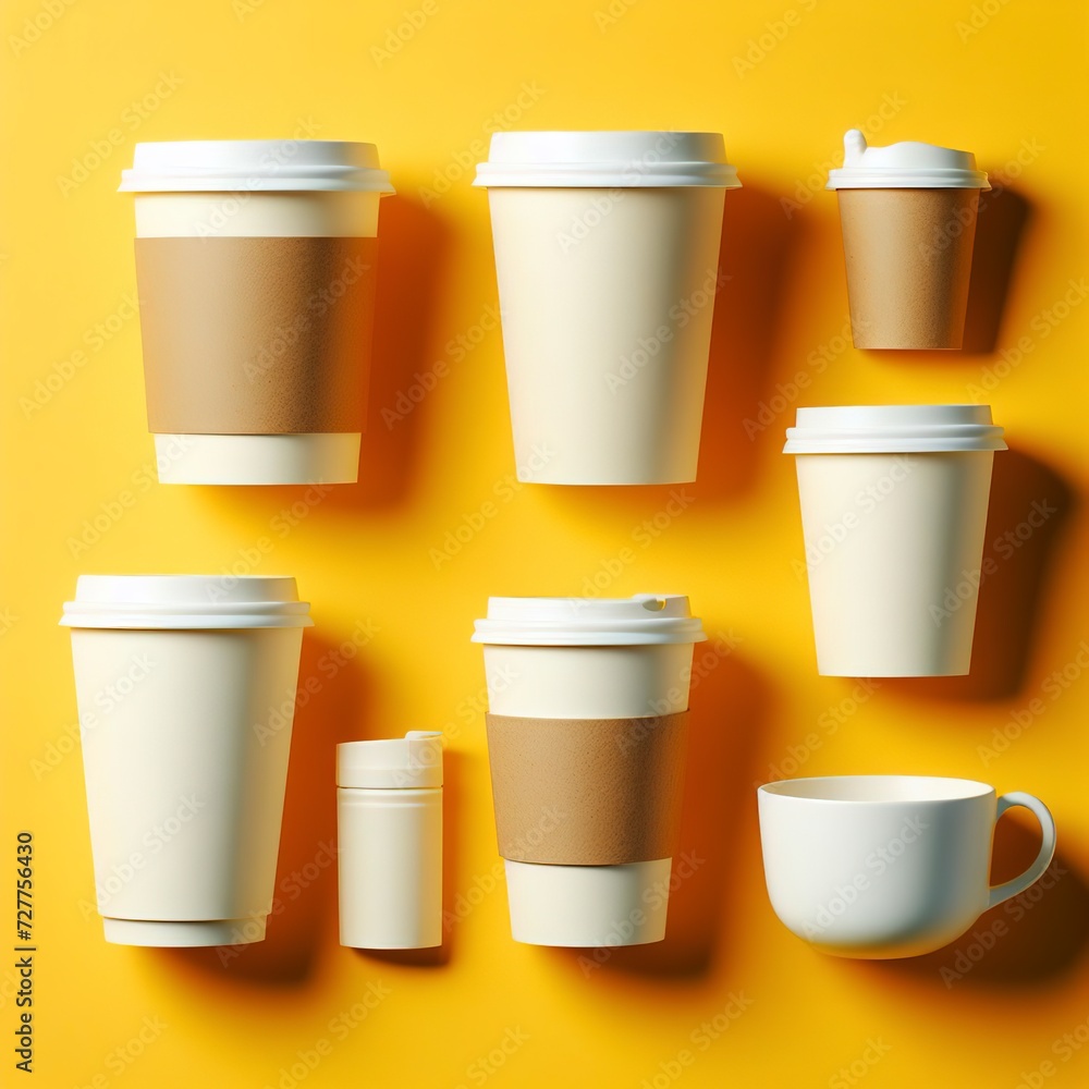 Blank paper coffee cup set on yellow background Blank paper coffee cup set on yellow background