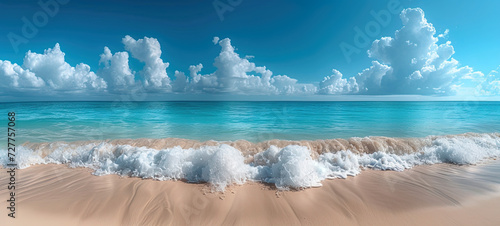 Panorama of a serene beach with turquoise waters transitioning into deeper shades of blue towards the horizon. White waves foam crash gently onto the sandy shore under a sky adorned with fluffy clouds © Valeriy