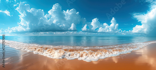 A panoramic view of a tranquil beach with turquoise waters and gentle waves. The sky is bright blue with fluffy white clouds, casting soft shadows on the water. © Valeriy
