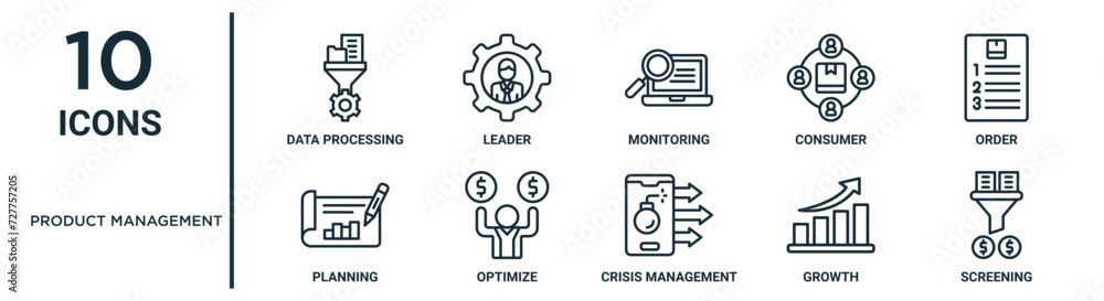 product management outline icon set such as thin line data processing ...