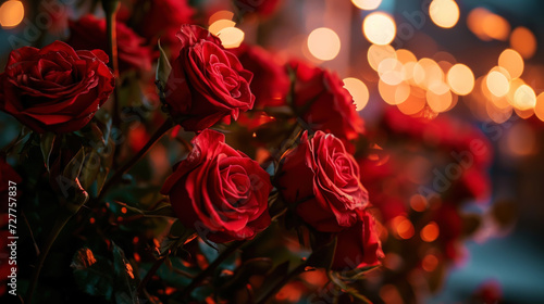 Close up of red roses bouquet on blurred sparkling backdrop. Love romantic concept. Valentine s day. Generative AI
