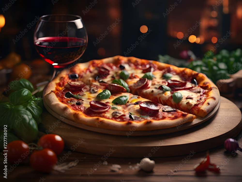 Delicious pizza and red wine glass on the wooden table.