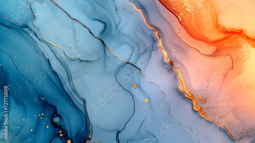 Marble ink abstract art banner background. Luxury abstract fluid art painting. Ink technique, mix of blue, orange and gold paints.