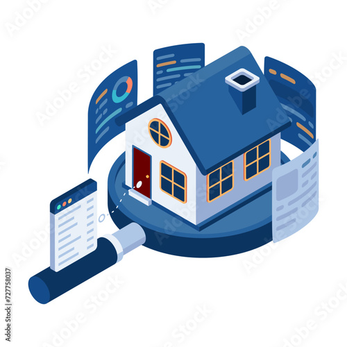 Isometric House on Magnifying Glass with Data Analysis