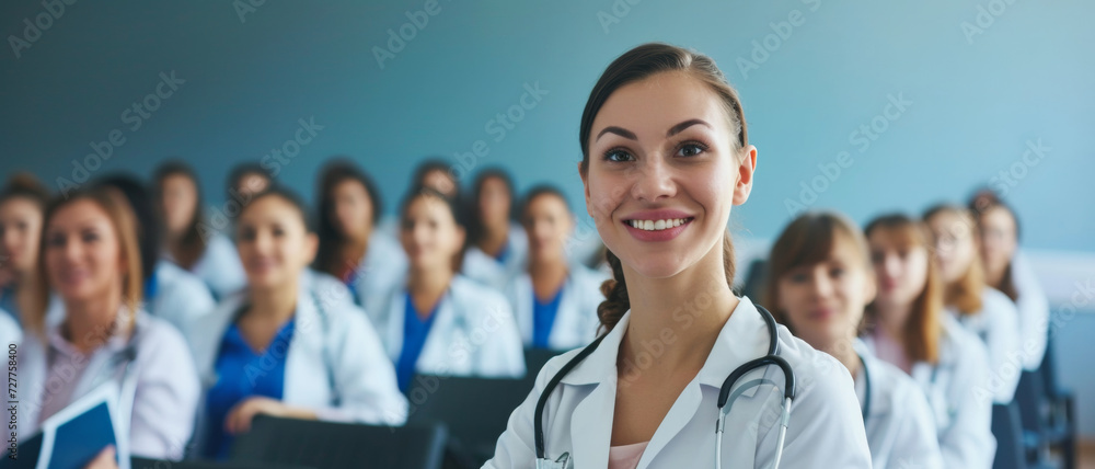 Confident medical professional stands before a group of colleagues, embodying leadership in healthcare Confident medical professional stands before a group of colleagues, embodying leadership in healthcare