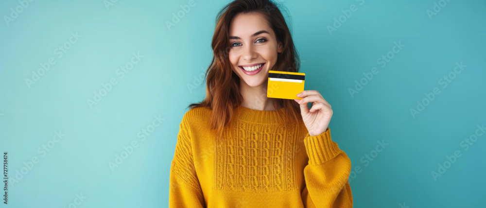Beaming woman with credit card, dressed in vibrant yellow, represents cheerful consumerism and financial freedom - obrazy, fototapety, plakaty 