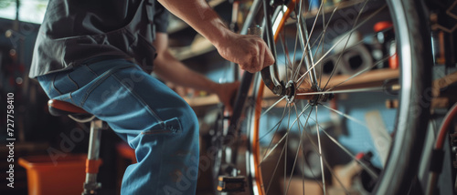 Focused mechanic repairing a bicycle wheel, illustrating skill and craftsmanship photo