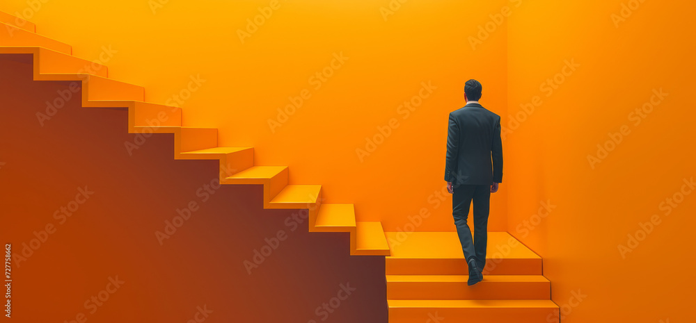 A business person walking on a staircase. Business progress and development concept A business person walking on a staircase. Business progress and development concept