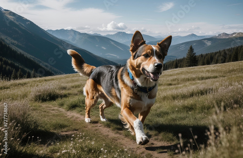 Szczęśliwy pies biegnący w górach po łące. photo