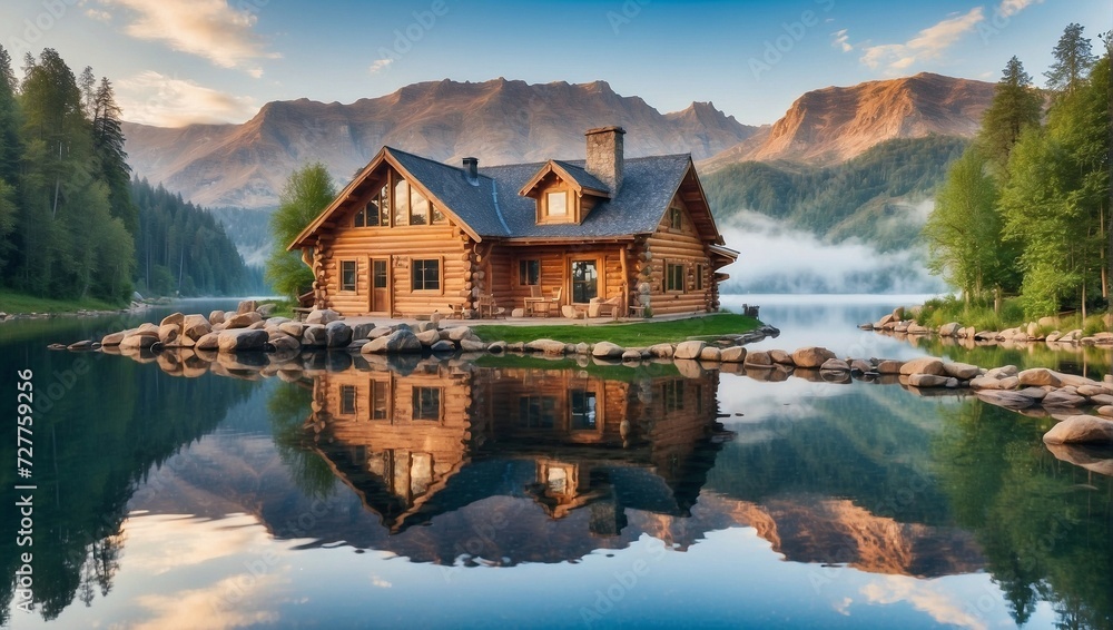 A beautiful log cabin on a lake, with reflections in the water. - obrazy, fototapety, plakaty 