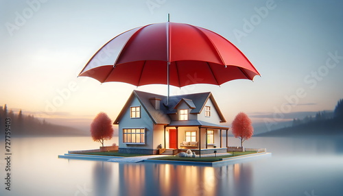 A house with an red umbrella on top, symbolizing home insurance and Protection concept photo