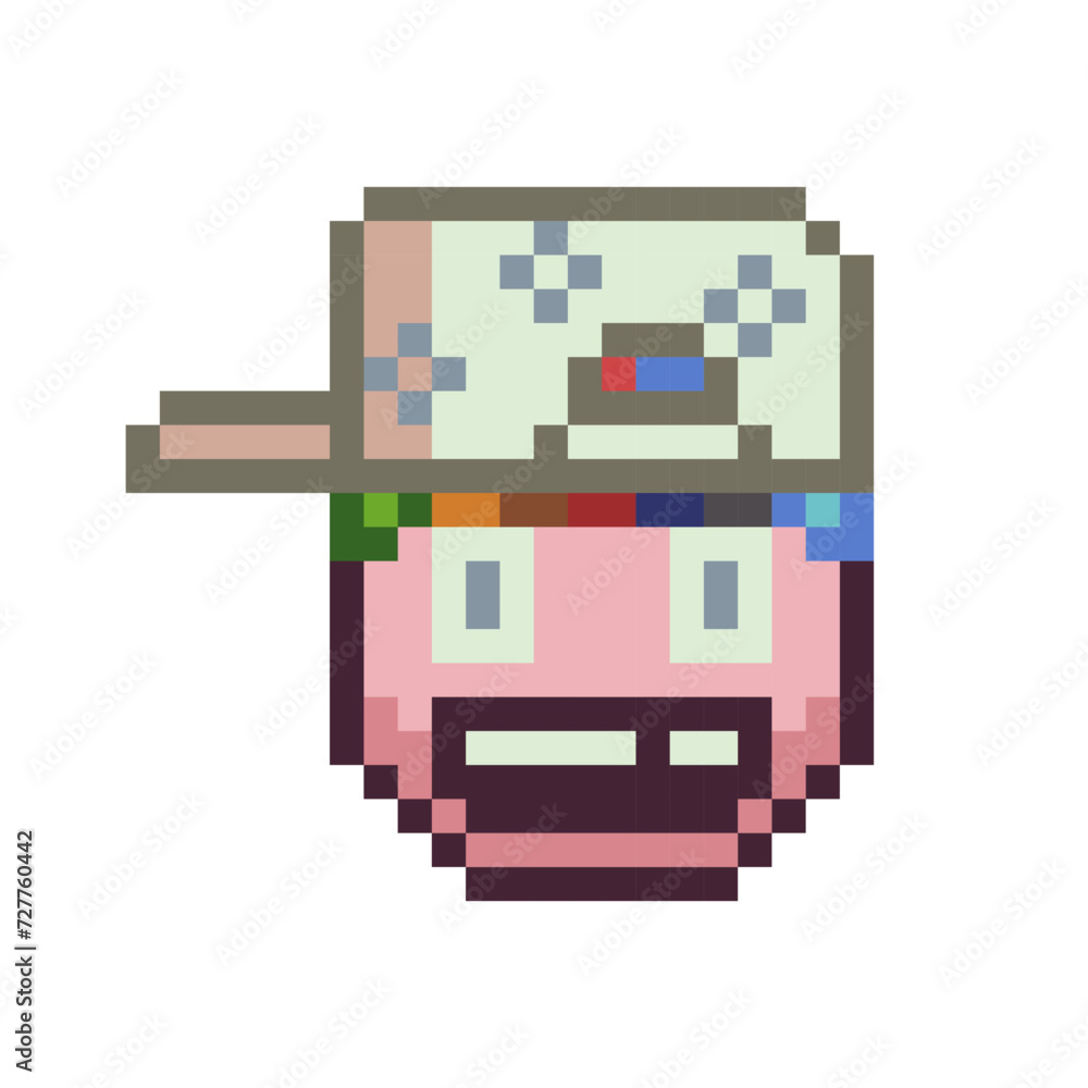 Cheerful boy without tooth in cap cute smiley pixel art icon, funny face, smile cartoon character. 8-bit flat style. Isolated abstract colorful vector illustration. Cheerful boy without tooth in cap cute smiley pixel art icon, funny face, smile cartoon character. 8-bit flat style. Isolated abstract colorful vector illustration.