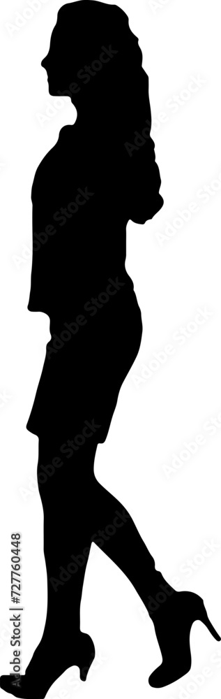 A woman's silhouette is walking to the left.