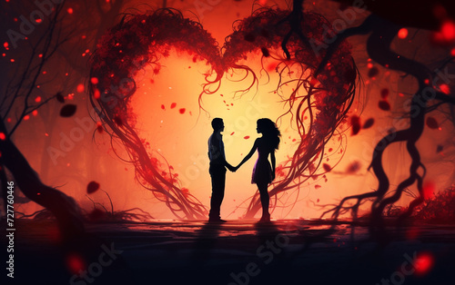 Love Blossoms: High Detail Silhouettes of Couple with Rose Vine Love Heart