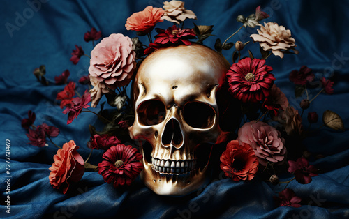 Skull Bloom: High Detail Flowers on Blue Textured Cloth