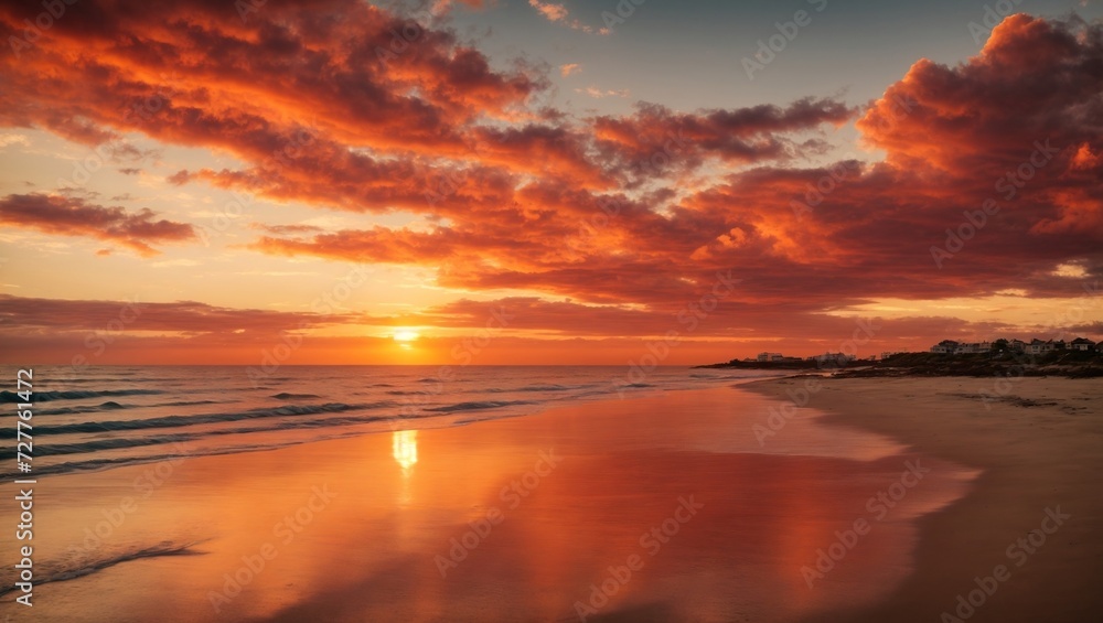 sunset on the beach, with fabulous red and orange colored clouds reflecting on the sea