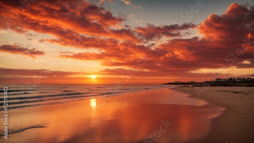 sunset on the beach, with fabulous red and orange colored clouds reflecting on the sea © fotonaturali