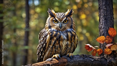 eagle owl sitting on a branch in the woods watching