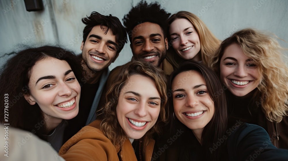 Fototapeta premium Friends smiling and taking selfie together with minimalistic cinematic backdrop Generative AI