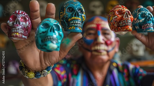 A man holds Mayan skulls