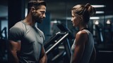 Fitness instructor assisting student with exercise in minimalist cinematic setting Generative AI