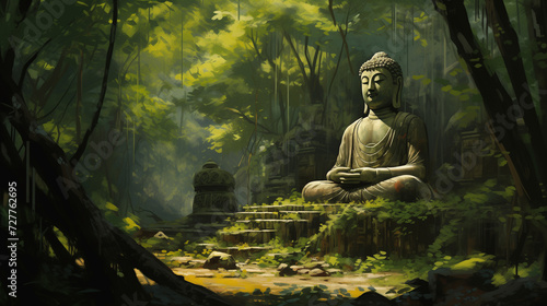 Buddha Statue Amidst Tall Trees
