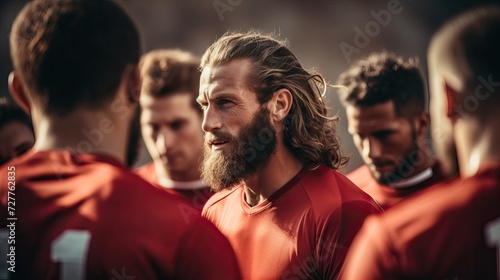 Football captain discussing strategy with team - sports motivation Generative AI photo