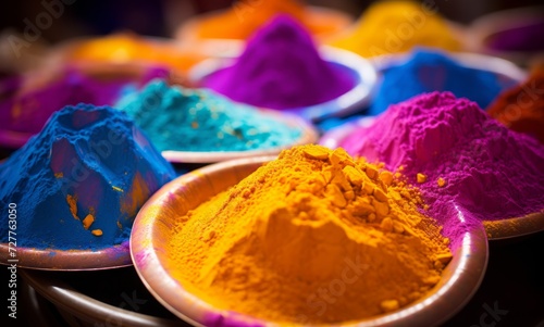 Holi festival concept holi multicolor powders on decorated clay pots on right side background
