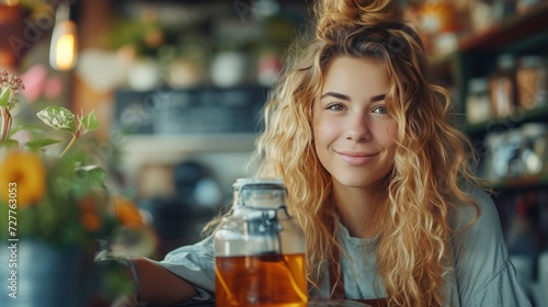 A young woman with blond curly hair brews tea in a glass jar, large copyspace area, offcenter composition.