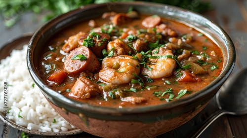 A rich and hearty gumbo, a Southern specialty, brimming with seafood, sausage, and okra, served over rice