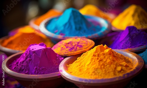 Holi festival concept holi multicolor powders on decorated clay pots on right side background © Sabina Gahramanova